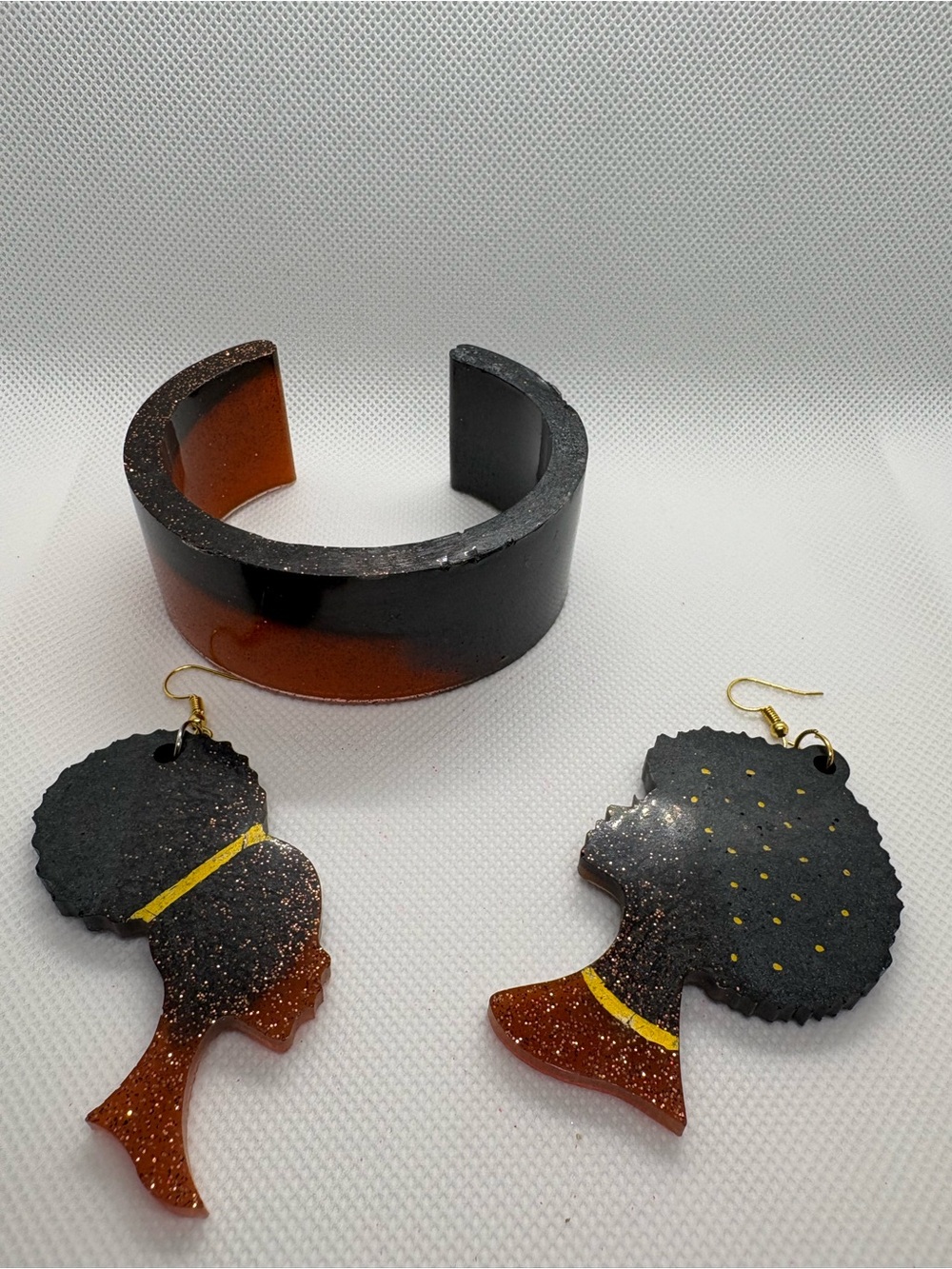 Black and Amber Resin Afro Silhouette Earrings and Cuff Bracelet Set